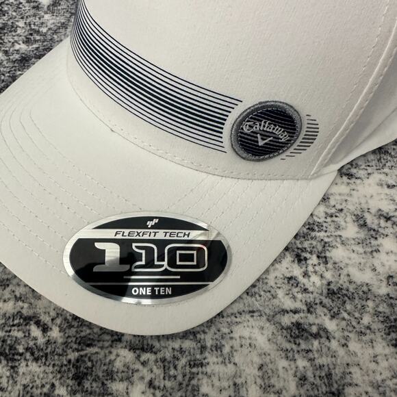 New Callaway Men's White Flexfit 110 One Ten Golf Hat Cap w/ Striped Band & Logo - Picture 2 of 10